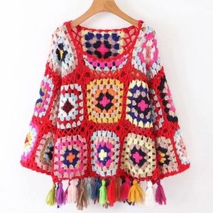 Rainbow Tassel Handmade Crochet Sweater - Red